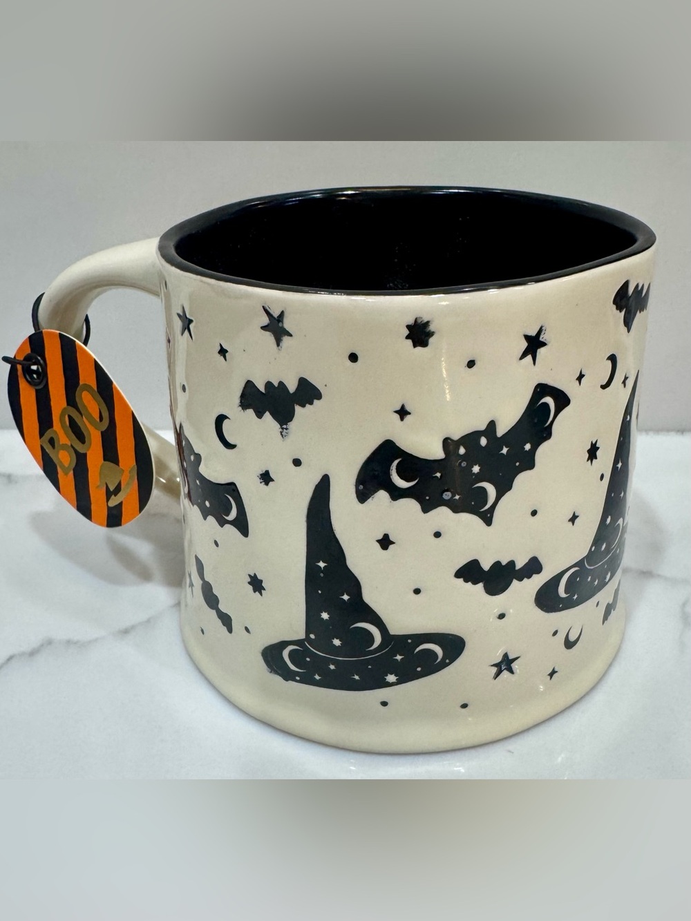 Halloween Cream Coffee Mug w/Black Stars, Bats, Witch Hats, Moons All Over NWT